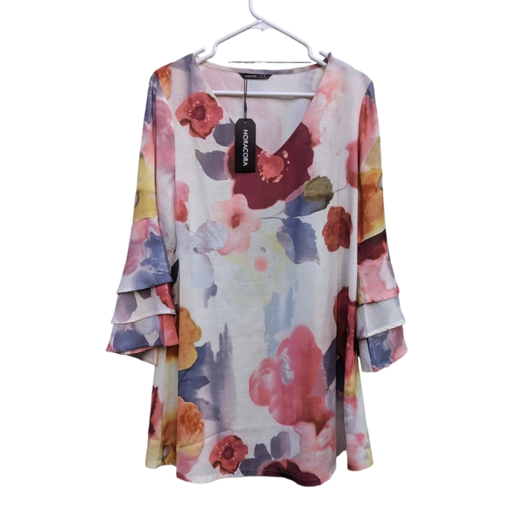 NWT  Noracora Watercolor‎ Floral Print Ruffled Sleeve V-Neck Mini Dress Sz S